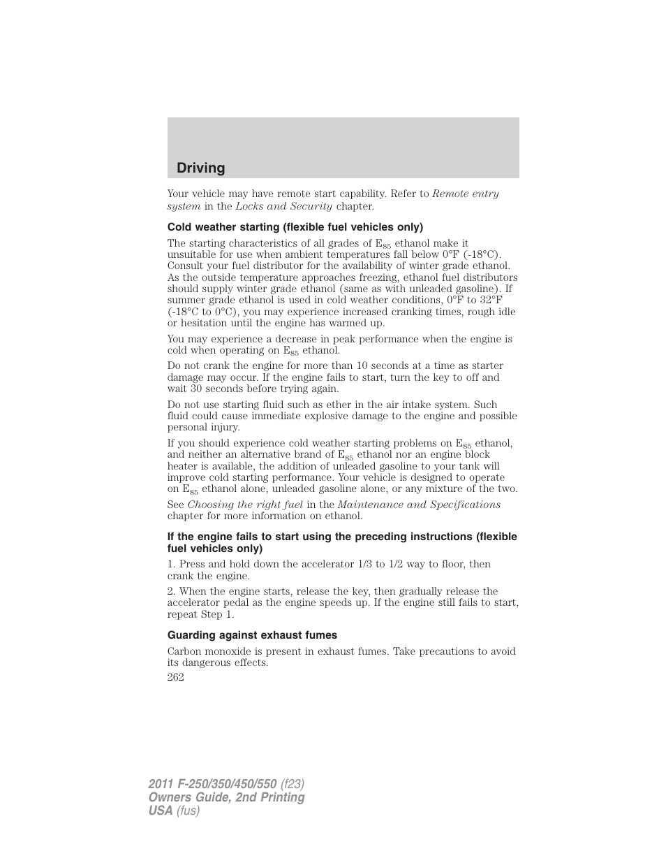 Guarding against exhaust fumes, Driving | FORD 2011 F-550 v.2 User Manual | Page 262 / 448