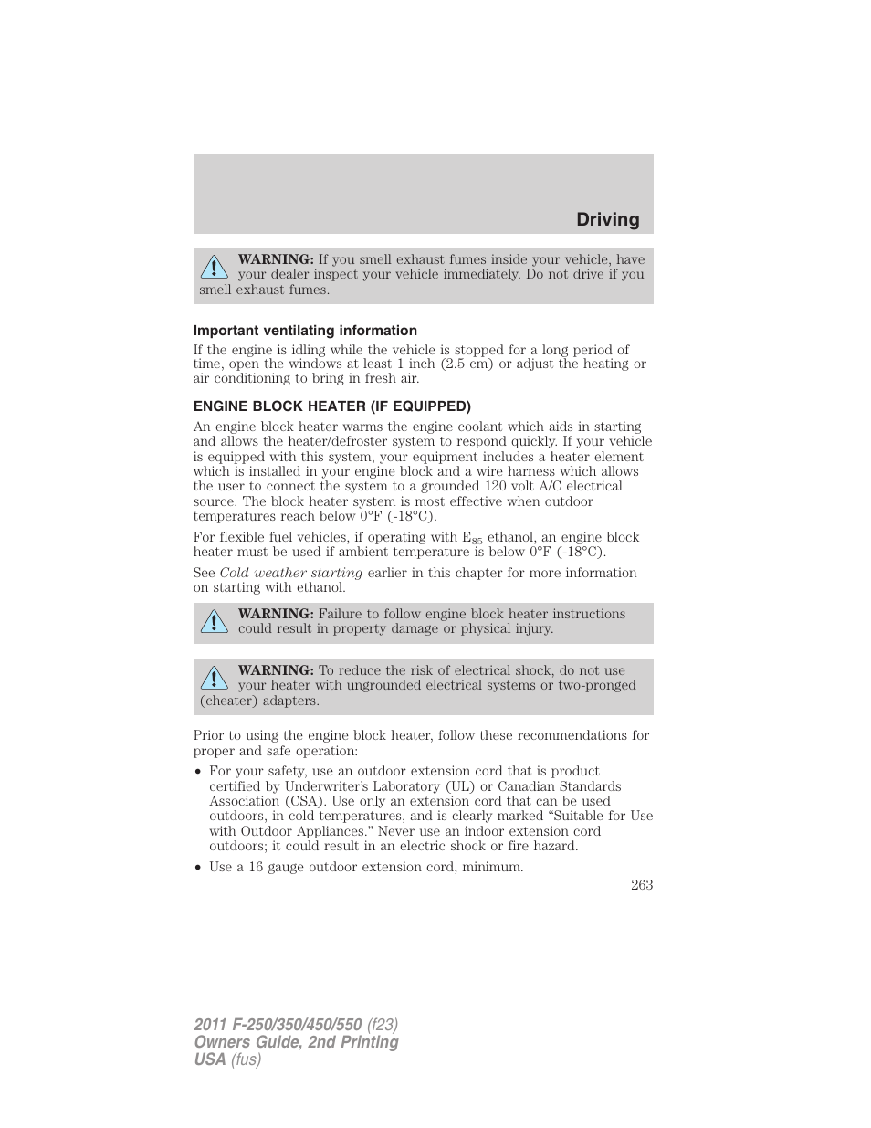 Important ventilating information, Engine block heater (if equipped), Driving | FORD 2011 F-550 v.2 User Manual | Page 263 / 448