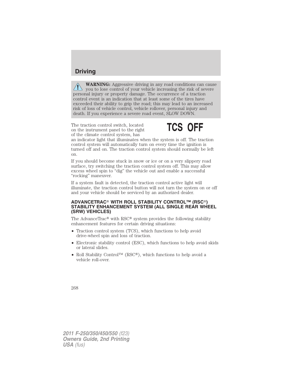 Advancetrac, Driving | FORD 2011 F-550 v.2 User Manual | Page 268 / 448