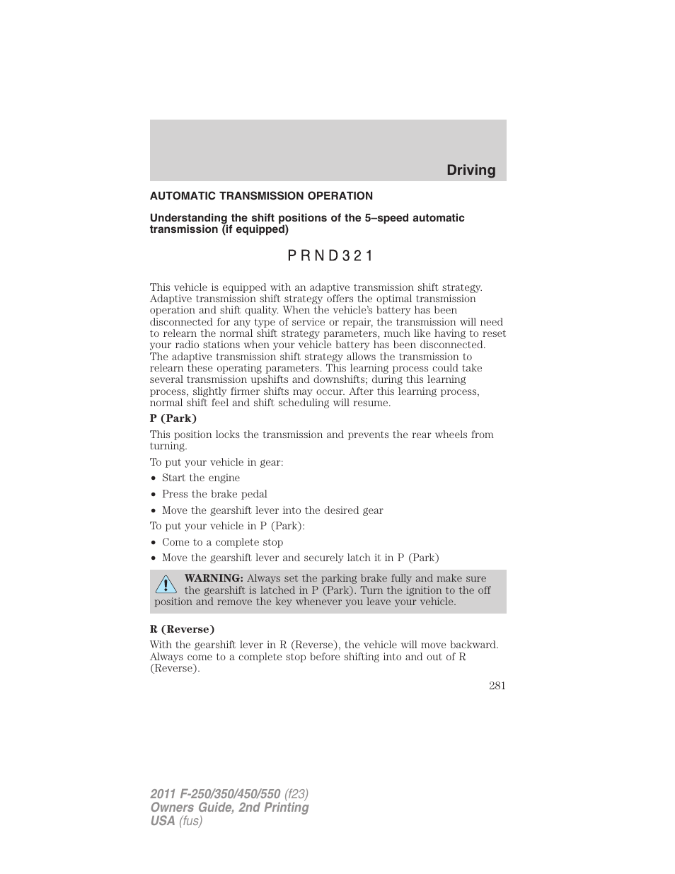 Automatic transmission operation, Transmission operation, Driving | FORD 2011 F-550 v.2 User Manual | Page 281 / 448
