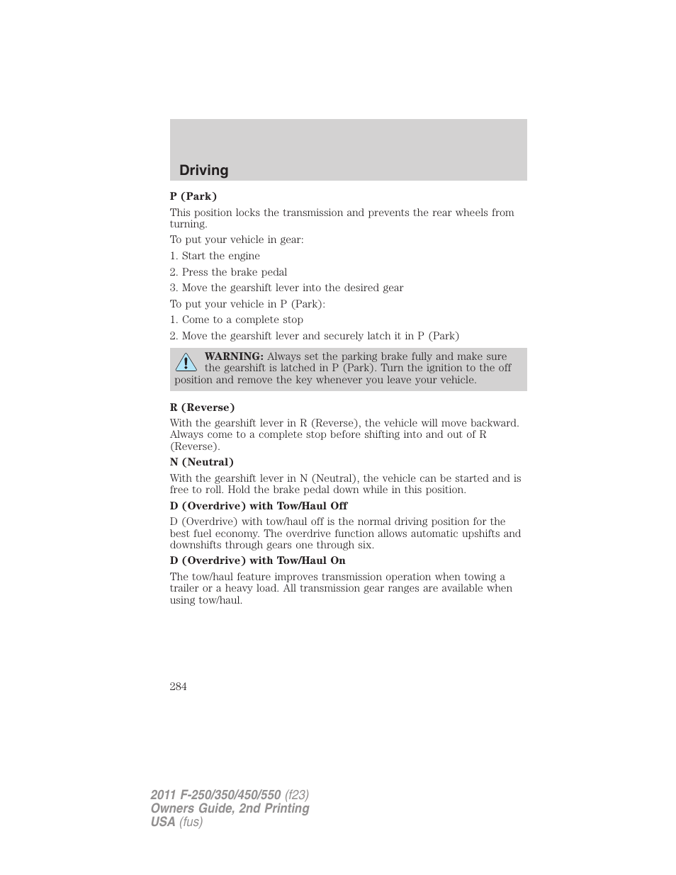 Driving | FORD 2011 F-550 v.2 User Manual | Page 284 / 448