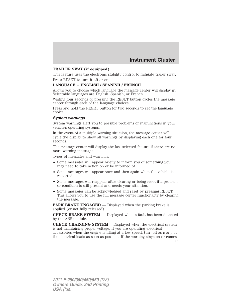 System warnings, Instrument cluster | FORD 2011 F-550 v.2 User Manual | Page 29 / 448