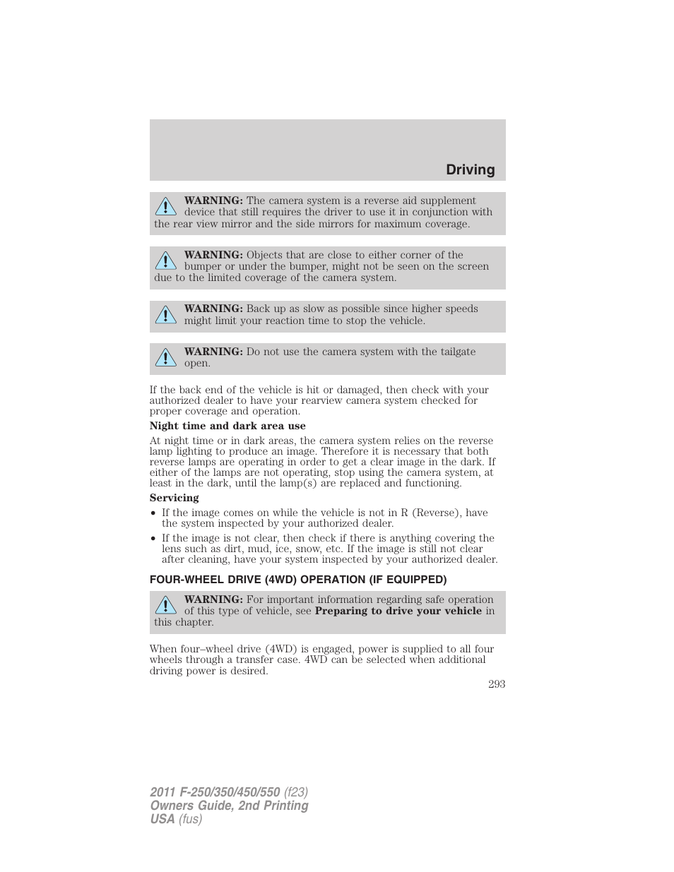 Four-wheel drive (4wd) operation (if equipped), Driving | FORD 2011 F-550 v.2 User Manual | Page 293 / 448