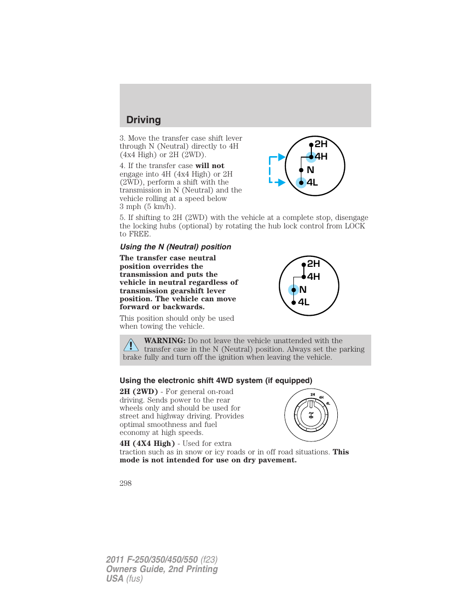 Using the n (neutral) position, Driving | FORD 2011 F-550 v.2 User Manual | Page 298 / 448