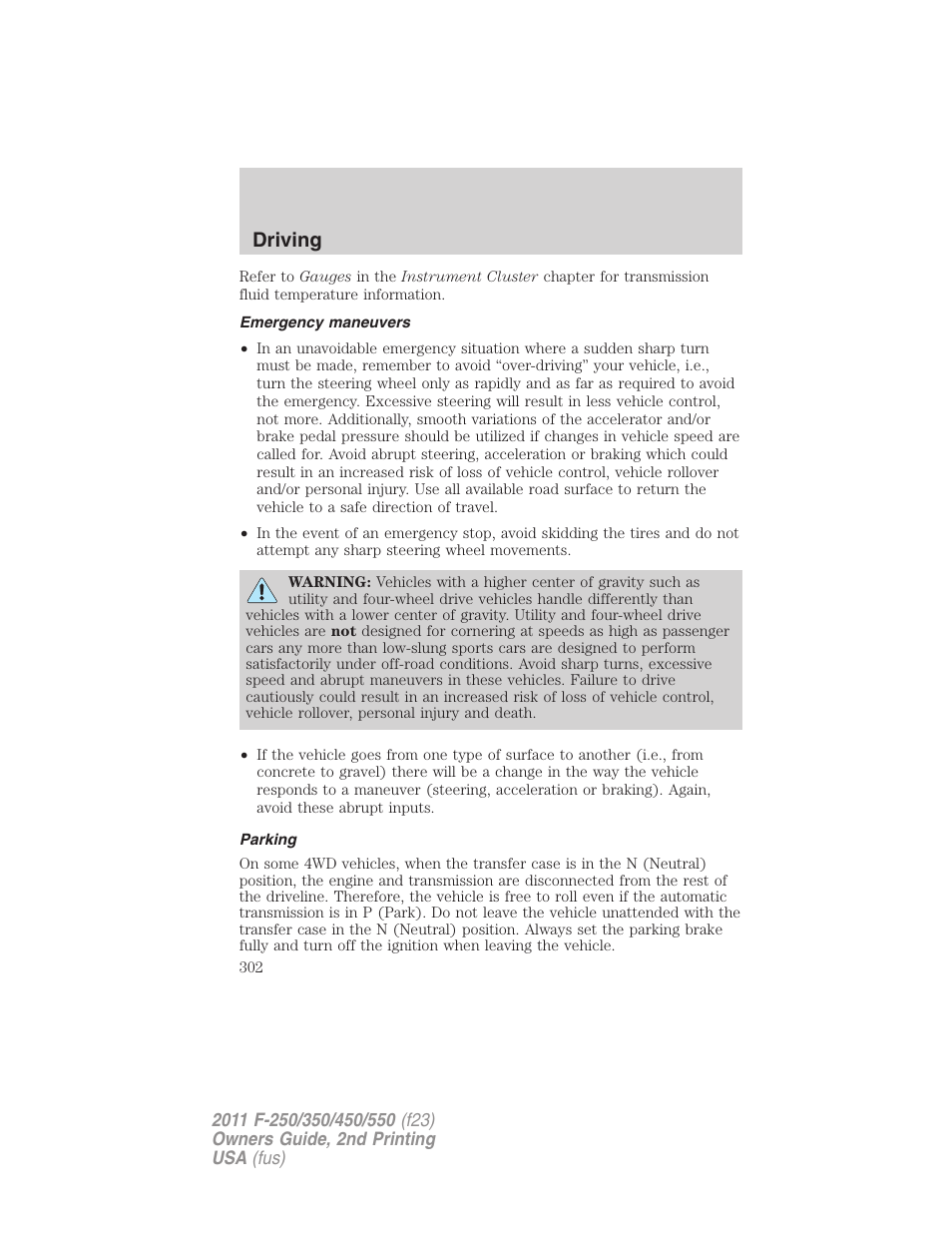 Emergency maneuvers, Parking, Driving | FORD 2011 F-550 v.2 User Manual | Page 302 / 448