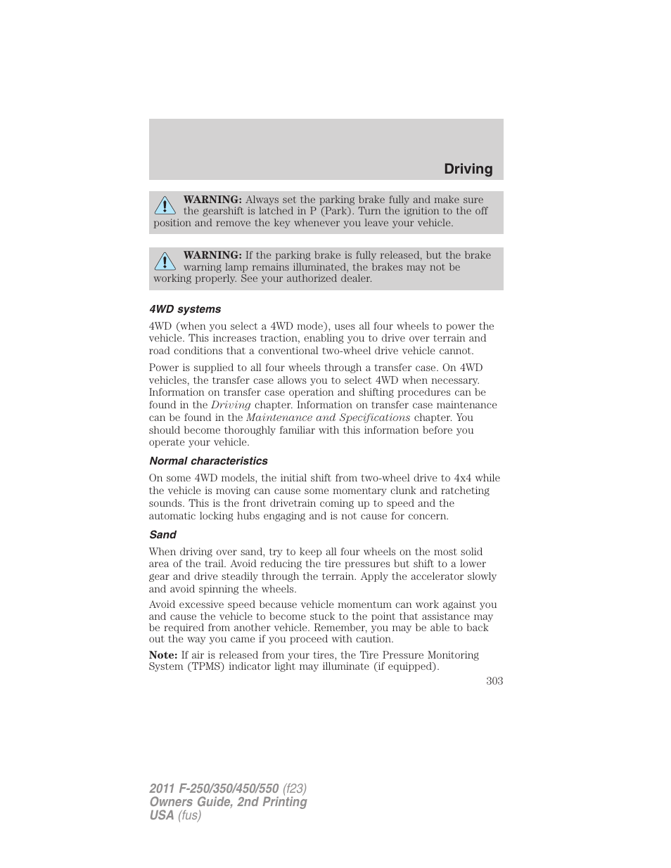 4wd systems, Normal characteristics, Sand | Driving | FORD 2011 F-550 v.2 User Manual | Page 303 / 448