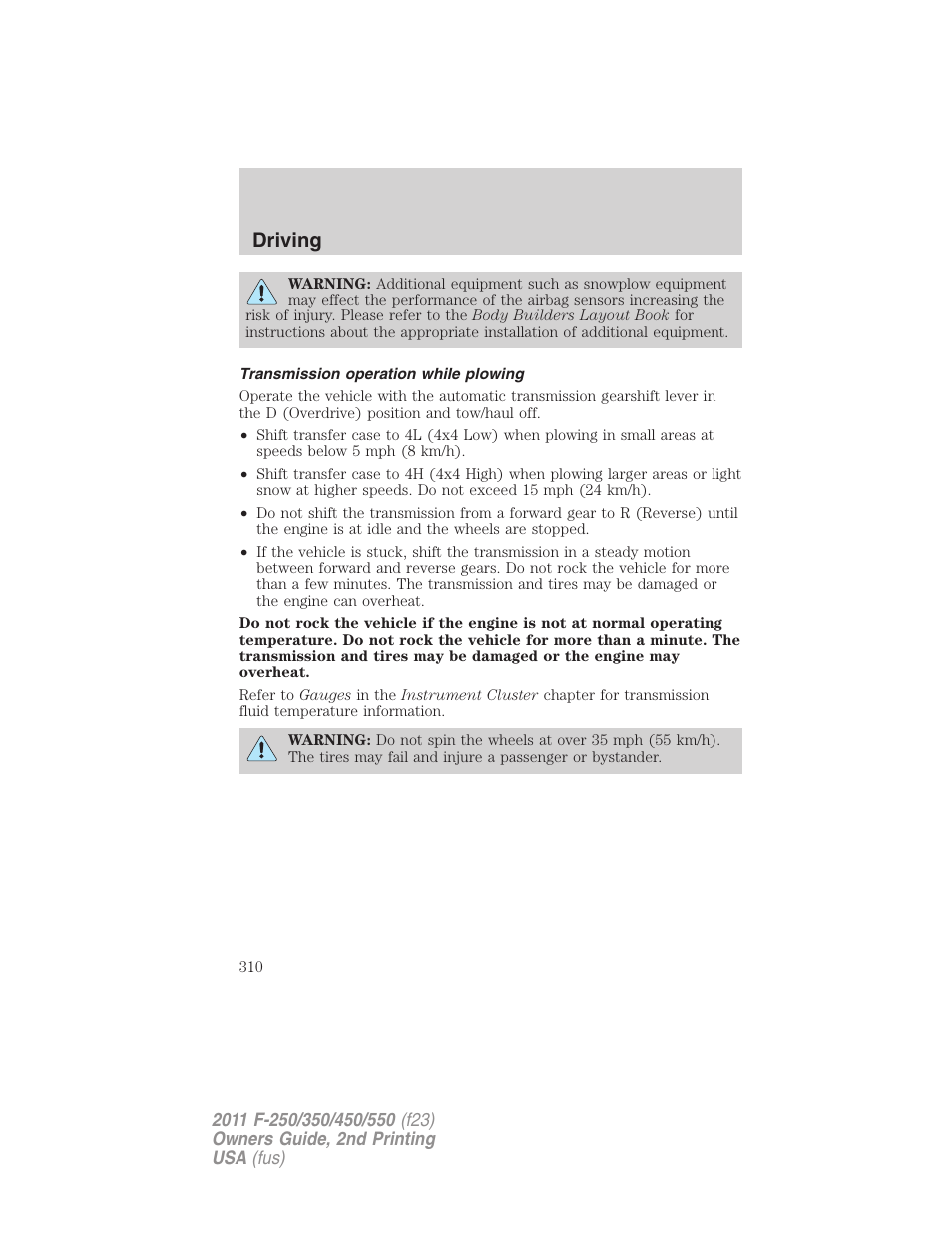 Transmission operation while plowing, Driving | FORD 2011 F-550 v.2 User Manual | Page 310 / 448