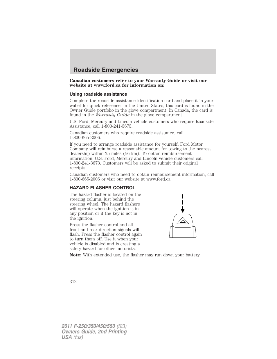 Using roadside assistance, Hazard flasher control, Roadside emergencies | FORD 2011 F-550 v.2 User Manual | Page 312 / 448