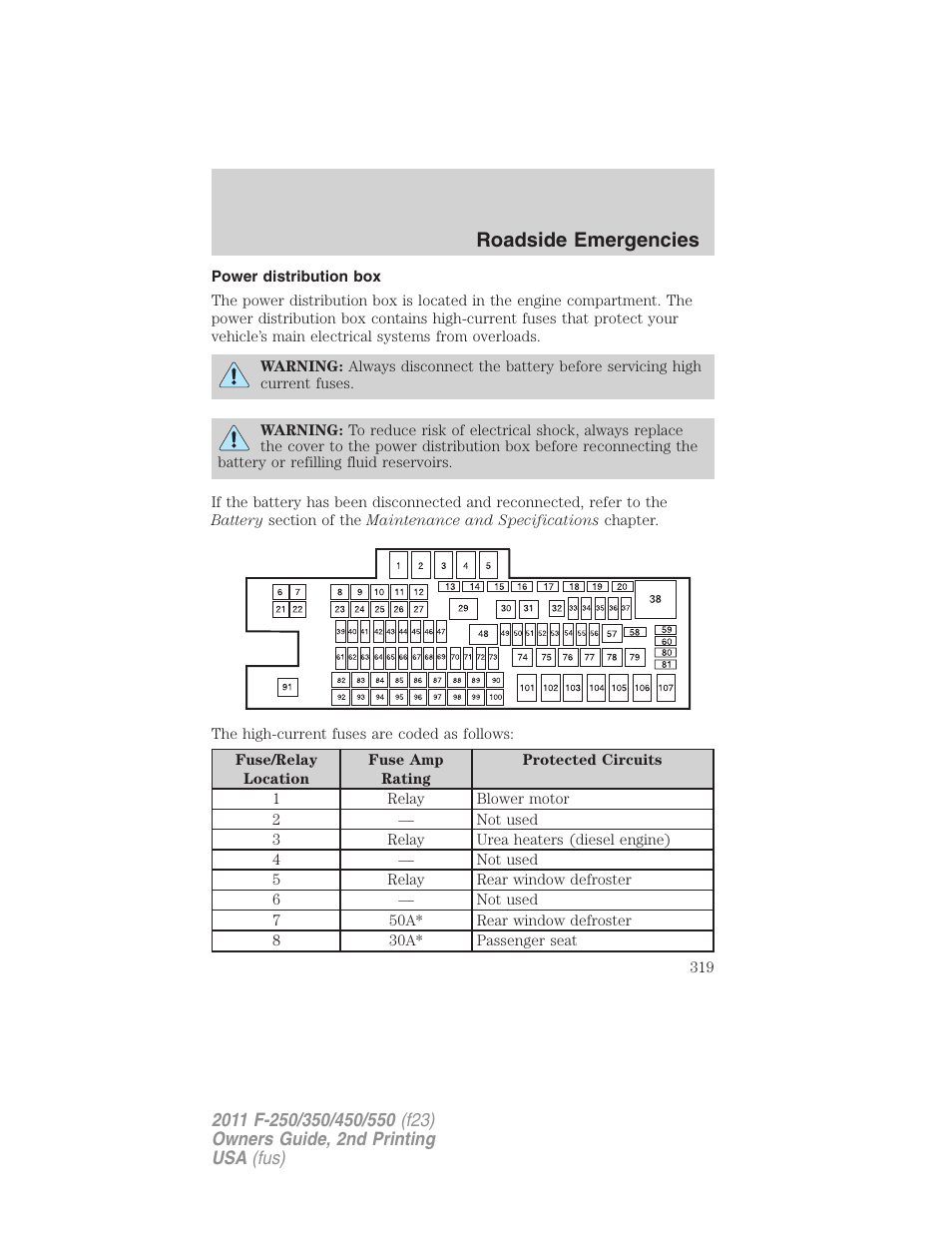 Power distribution box, Roadside emergencies | FORD 2011 F-550 v.2 User Manual | Page 319 / 448