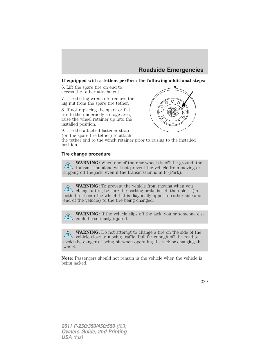 Tire change procedure, Roadside emergencies | FORD 2011 F-550 v.2 User Manual | Page 329 / 448