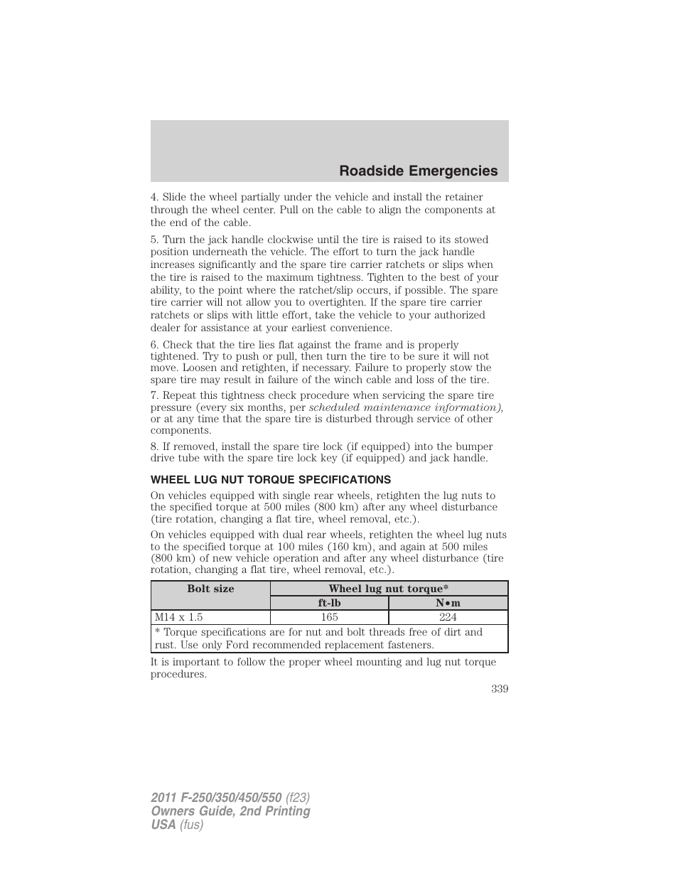 Wheel lug nut torque specifications, Wheel lug nut torque, Roadside emergencies | FORD 2011 F-550 v.2 User Manual | Page 339 / 448
