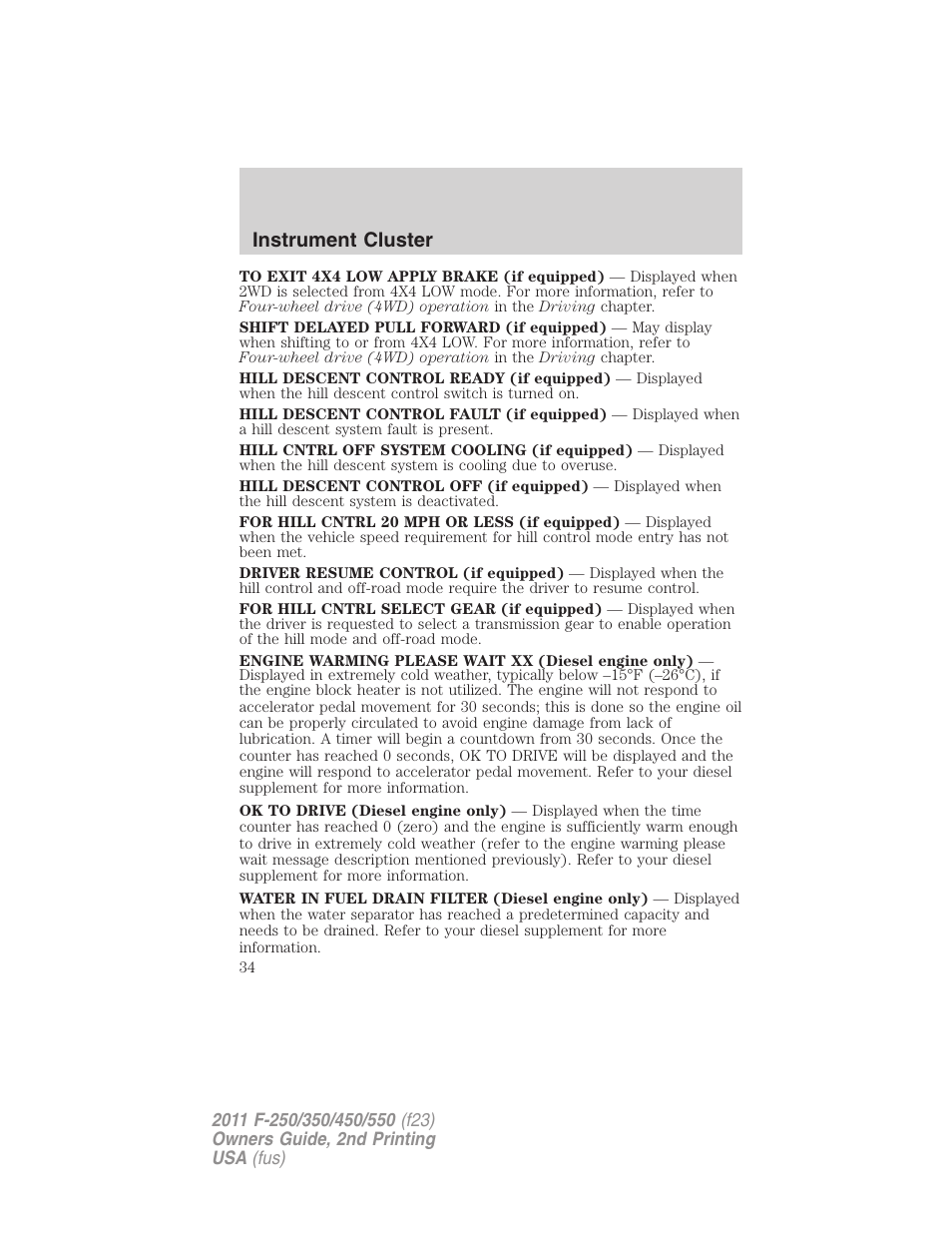 Instrument cluster | FORD 2011 F-550 v.2 User Manual | Page 34 / 448