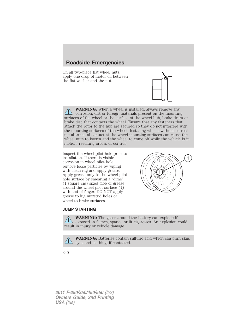 Jump starting, Roadside emergencies | FORD 2011 F-550 v.2 User Manual | Page 340 / 448