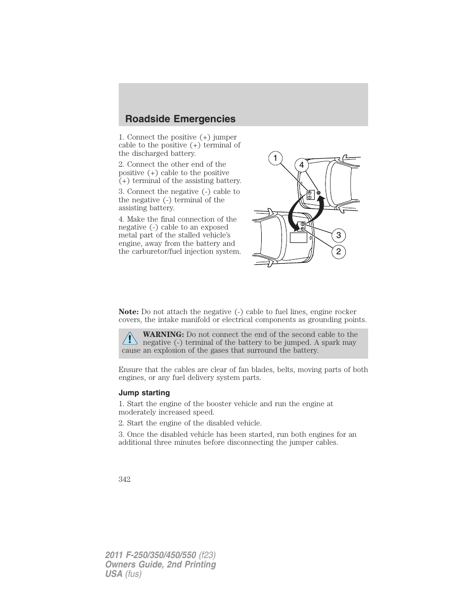 Jump starting, Roadside emergencies | FORD 2011 F-550 v.2 User Manual | Page 342 / 448