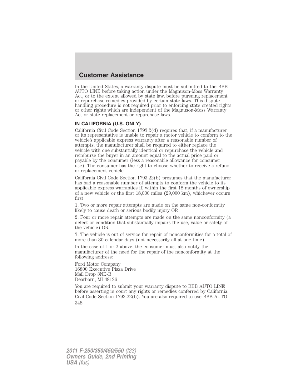In california (u.s. only), Customer assistance | FORD 2011 F-550 v.2 User Manual | Page 348 / 448