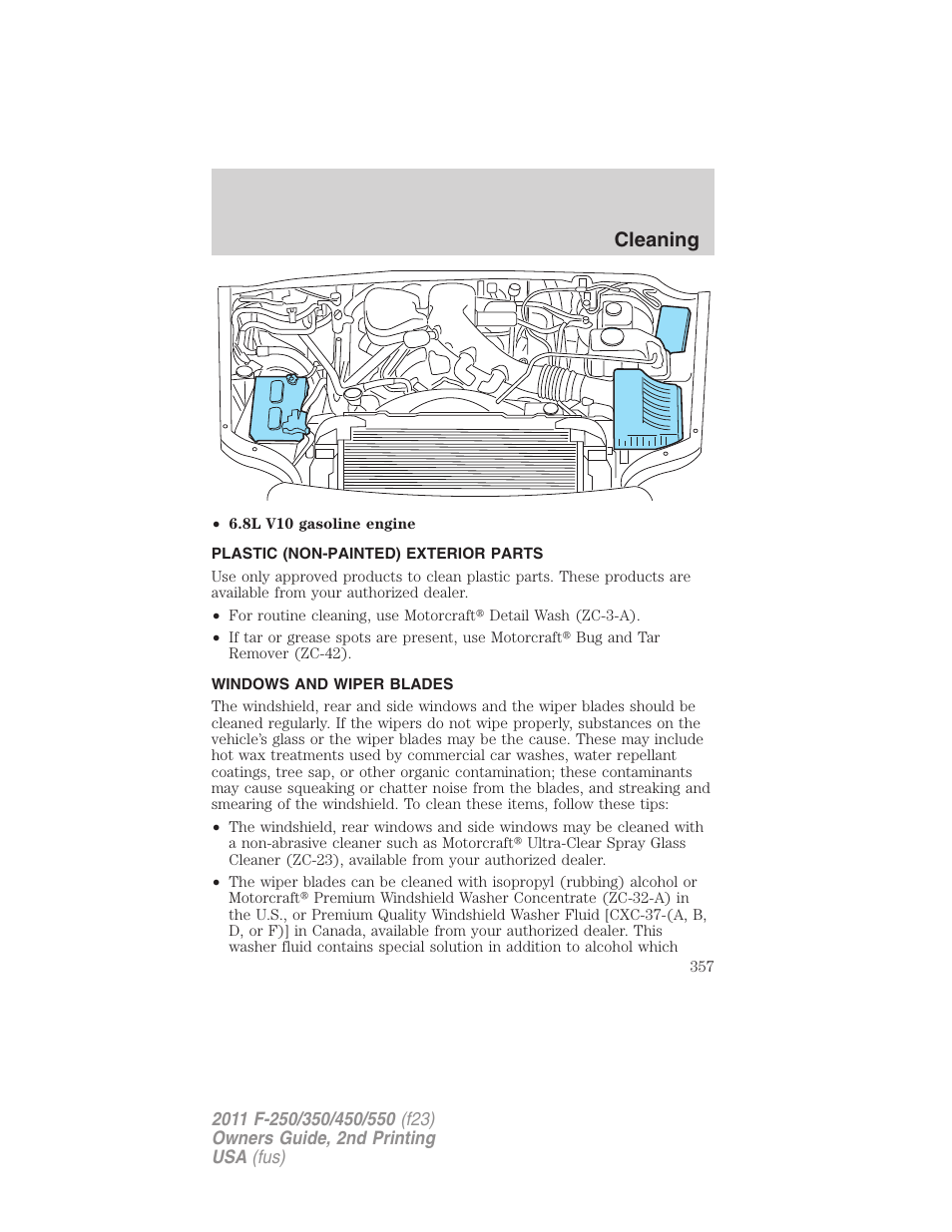 Plastic (non-painted) exterior parts, Windows and wiper blades, Cleaning | FORD 2011 F-550 v.2 User Manual | Page 357 / 448