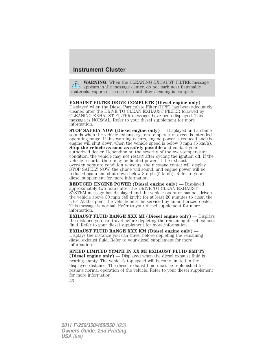 Instrument cluster | FORD 2011 F-550 v.2 User Manual | Page 36 / 448