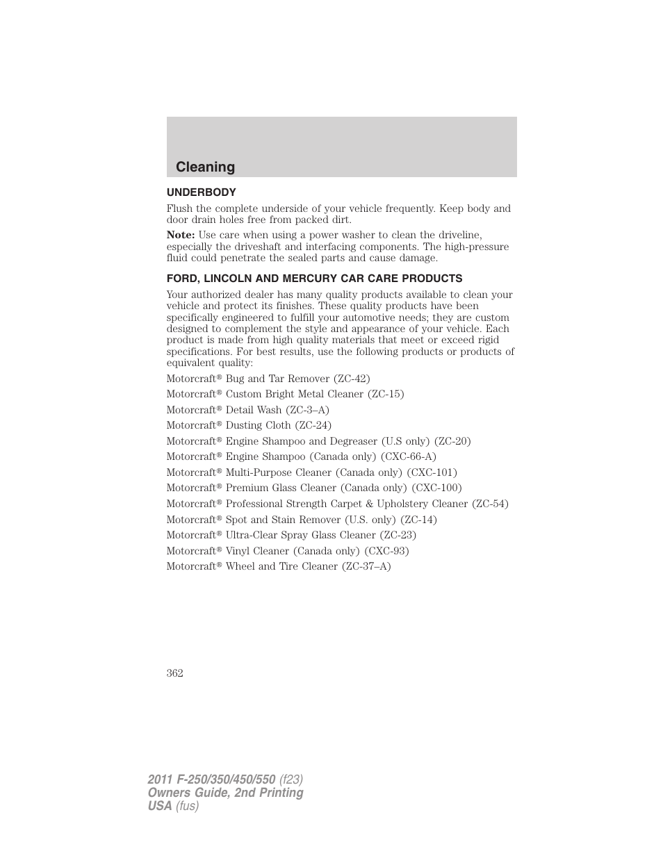 Underbody, Ford, lincoln and mercury car care products, Cleaning | FORD 2011 F-550 v.2 User Manual | Page 362 / 448