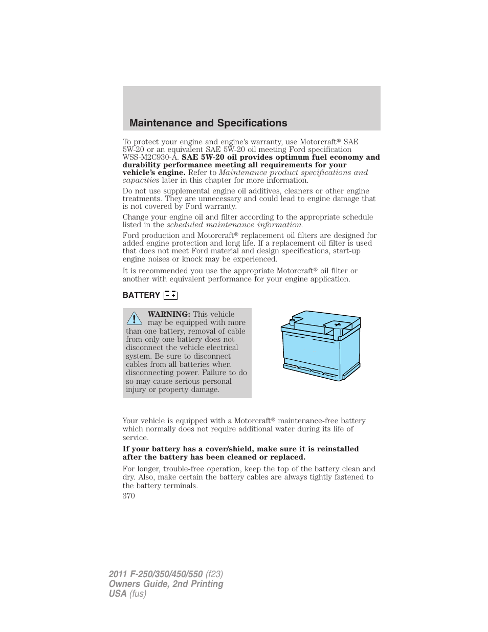 Battery, Maintenance and specifications | FORD 2011 F-550 v.2 User Manual | Page 370 / 448