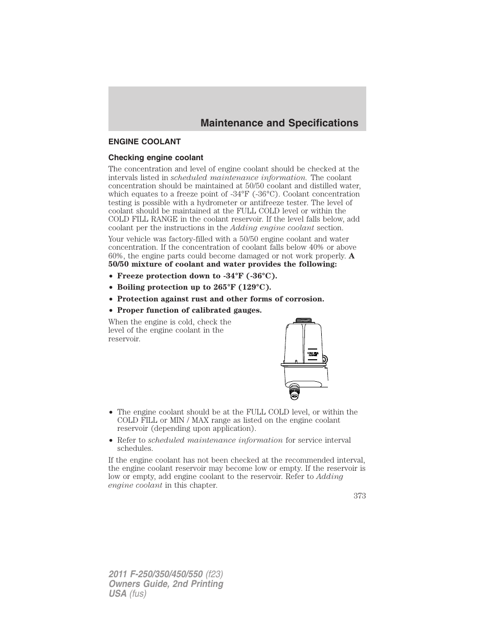 Engine coolant, Checking engine coolant, Maintenance and specifications | FORD 2011 F-550 v.2 User Manual | Page 373 / 448