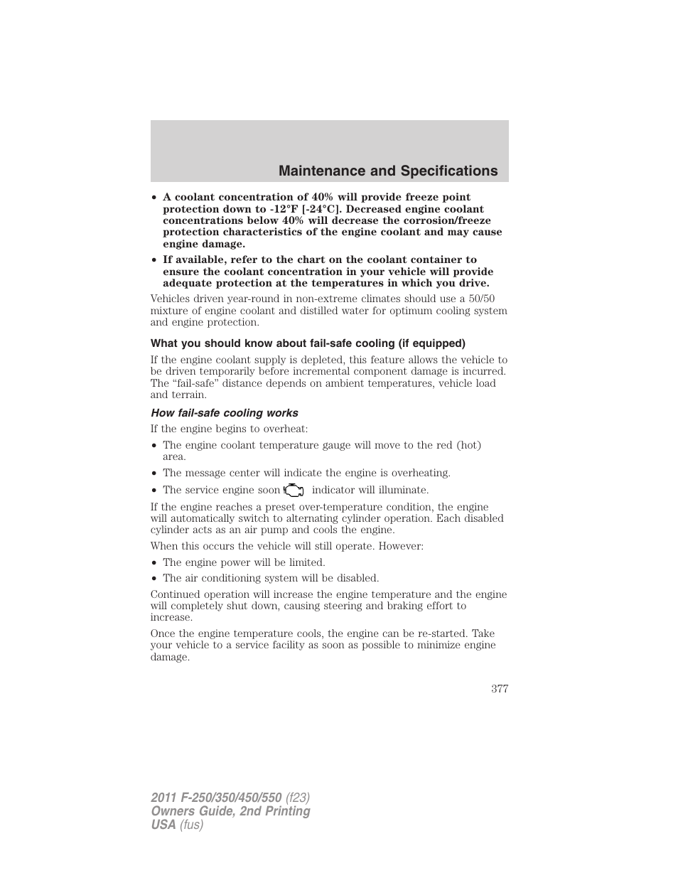 How fail-safe cooling works, Maintenance and specifications | FORD 2011 F-550 v.2 User Manual | Page 377 / 448