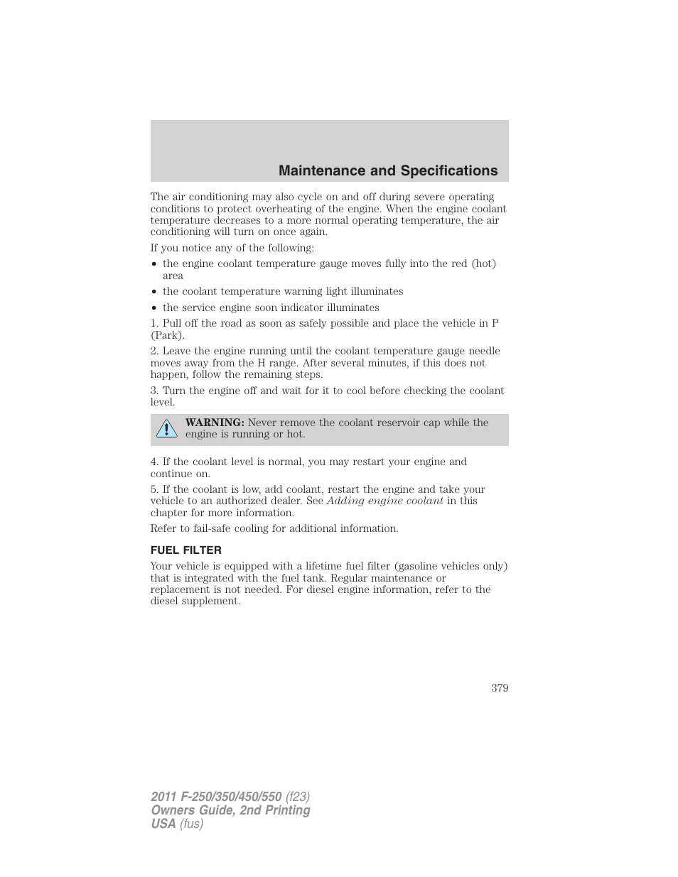 Fuel filter, Maintenance and specifications | FORD 2011 F-550 v.2 User Manual | Page 379 / 448