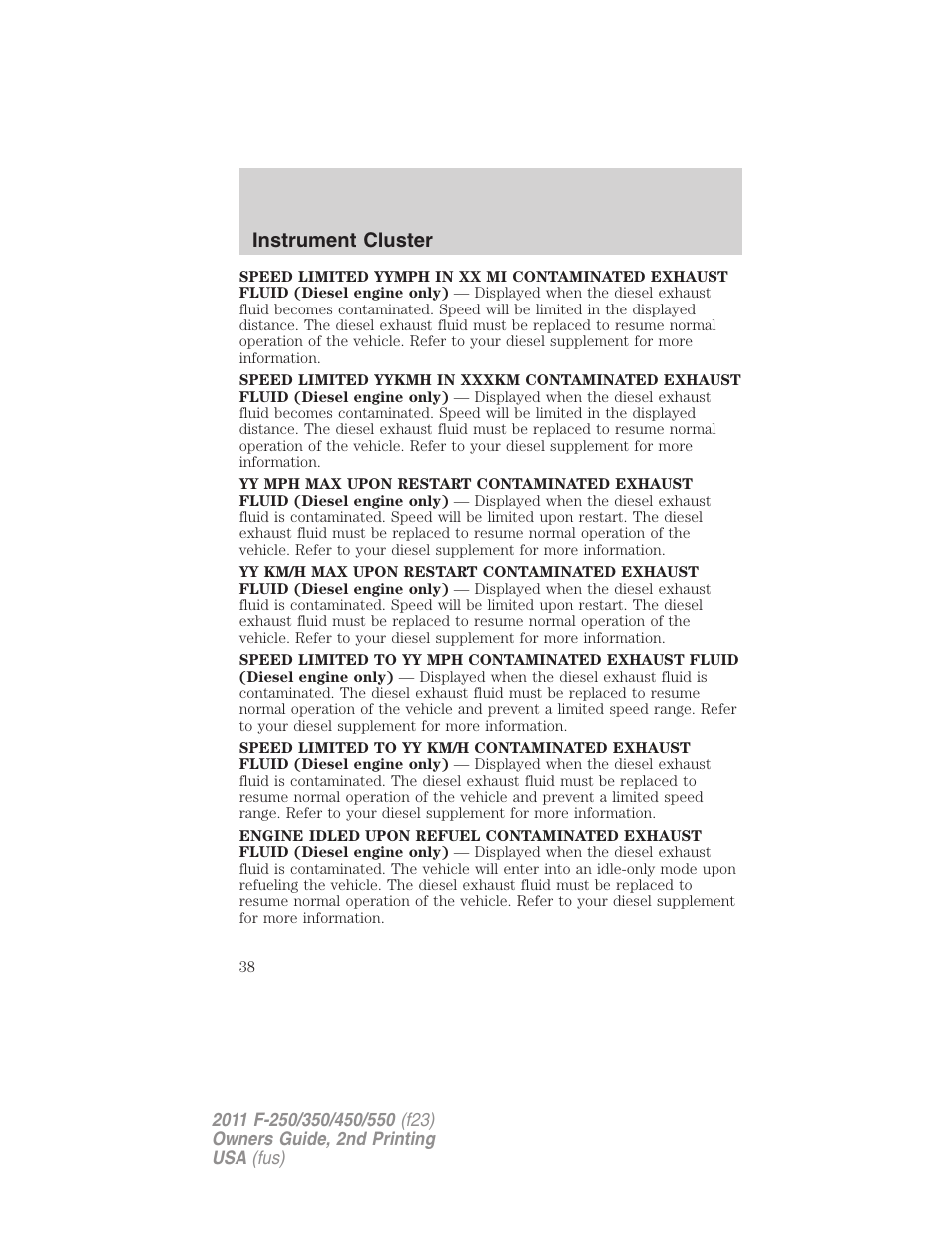 Instrument cluster | FORD 2011 F-550 v.2 User Manual | Page 38 / 448