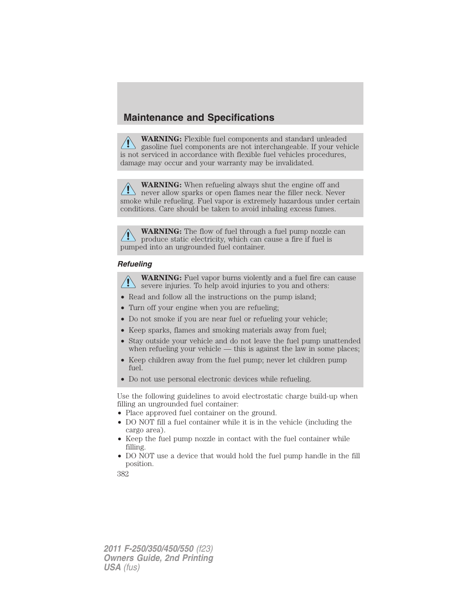 Refueling, Maintenance and specifications | FORD 2011 F-550 v.2 User Manual | Page 382 / 448