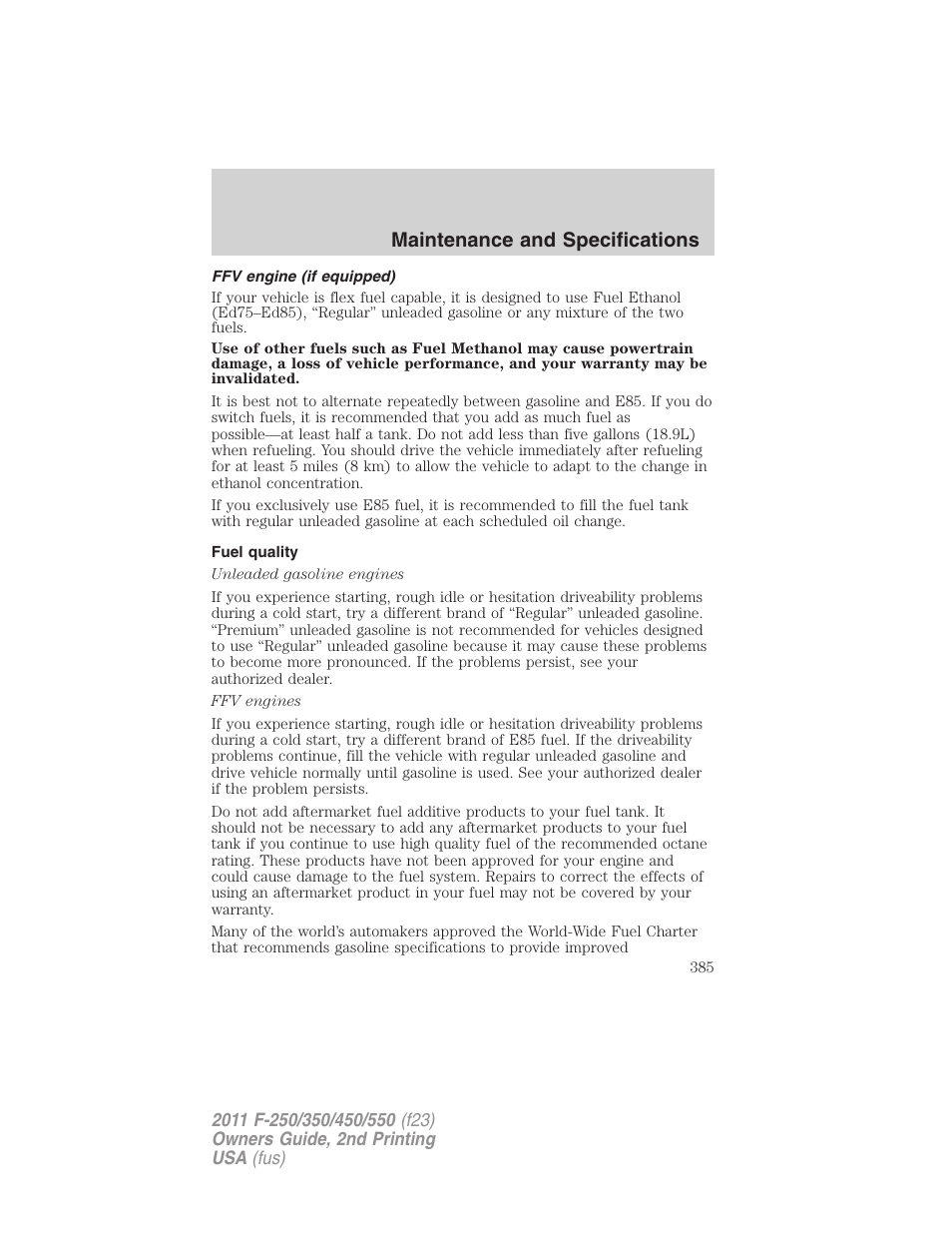 Ffv engine (if equipped), Fuel quality, Maintenance and specifications | FORD 2011 F-550 v.2 User Manual | Page 385 / 448