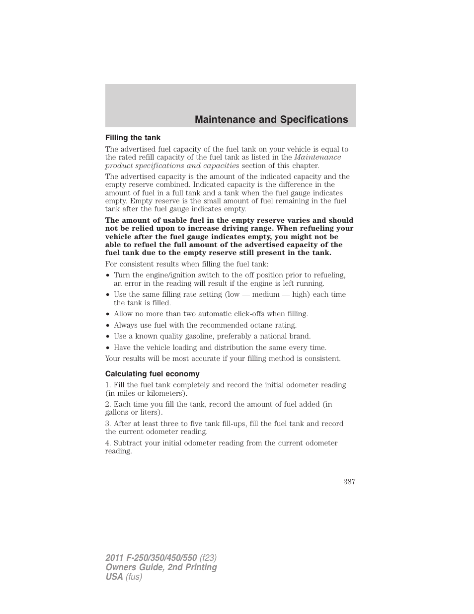 Filling the tank, Calculating fuel economy, Maintenance and specifications | FORD 2011 F-550 v.2 User Manual | Page 387 / 448