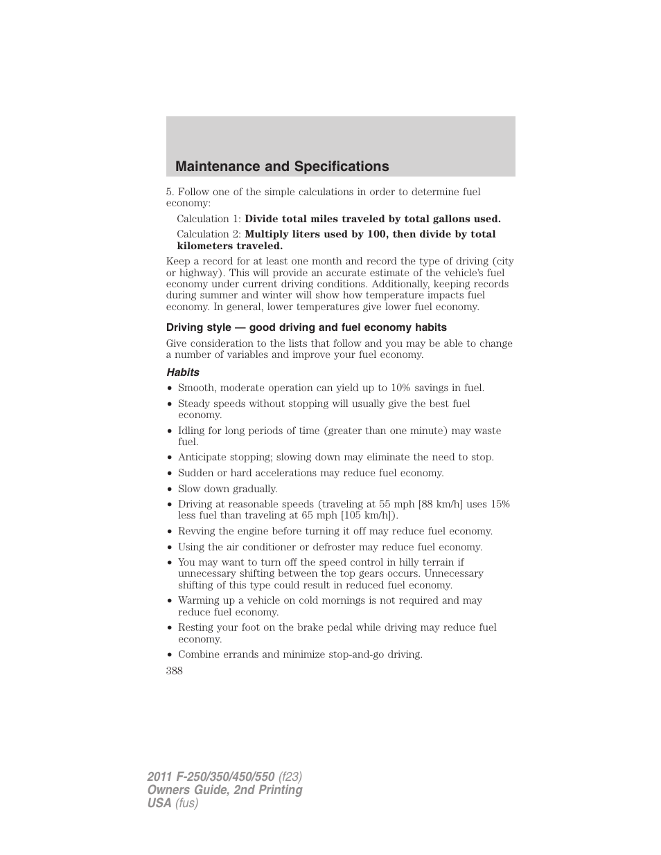Habits, Maintenance and specifications | FORD 2011 F-550 v.2 User Manual | Page 388 / 448