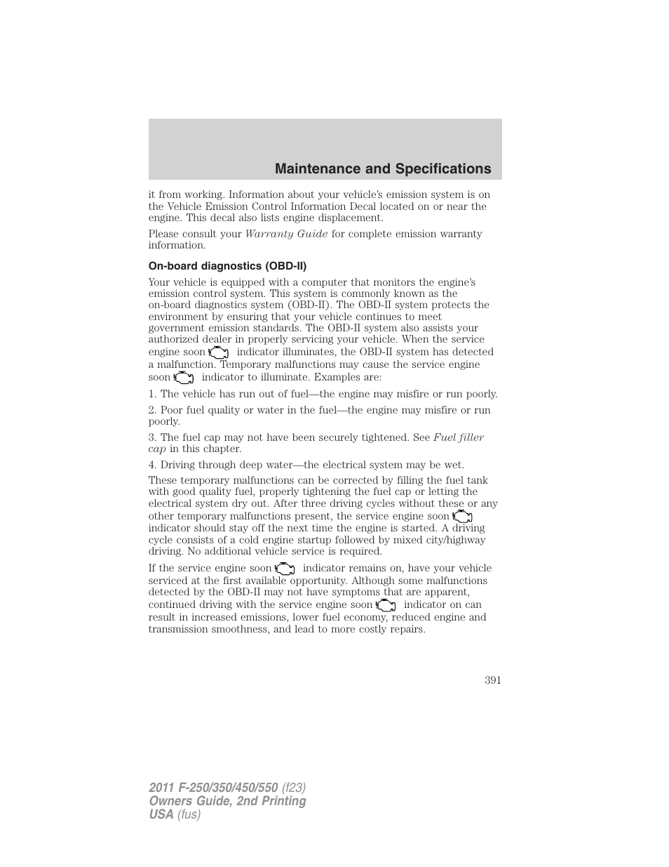 On-board diagnostics (obd-ii), Maintenance and specifications | FORD 2011 F-550 v.2 User Manual | Page 391 / 448