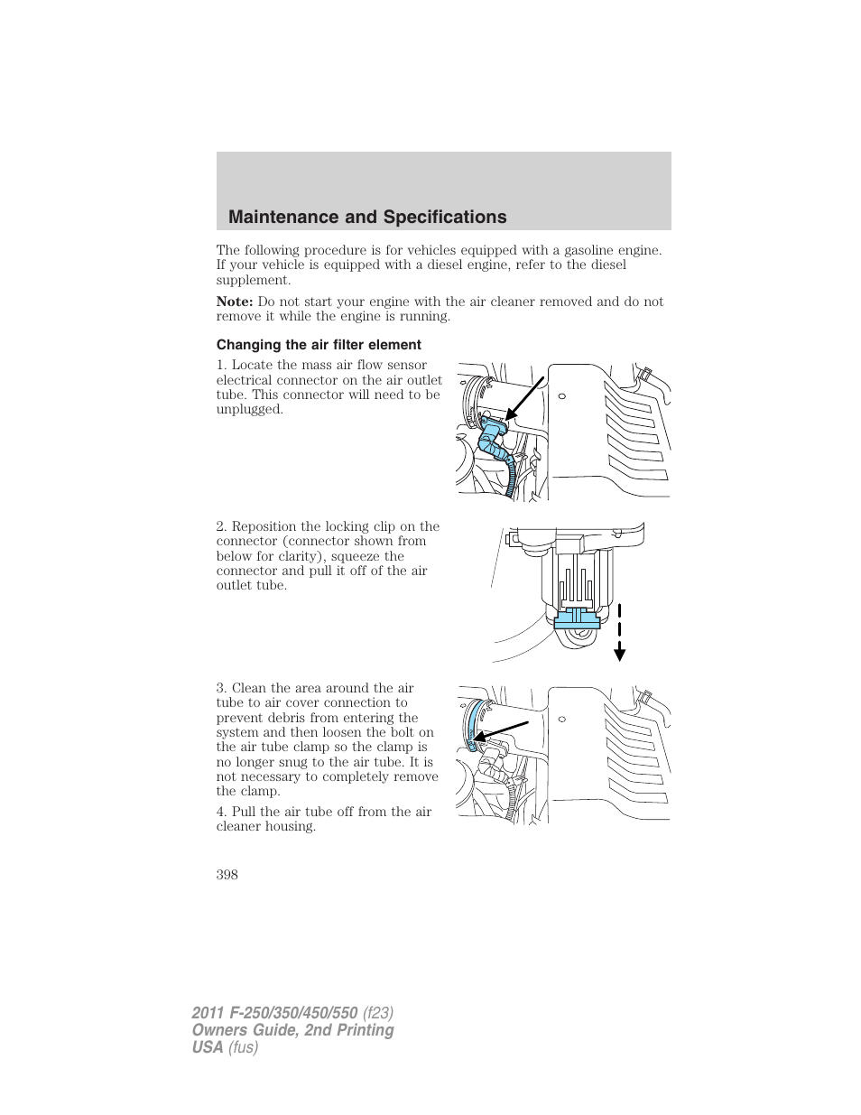 Changing the air filter element, Air filter(s), Maintenance and specifications | FORD 2011 F-550 v.2 User Manual | Page 398 / 448