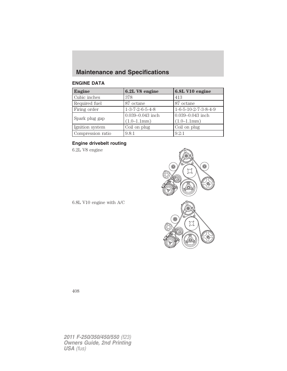 Engine data, Engine drivebelt routing, Maintenance and specifications | FORD 2011 F-550 v.2 User Manual | Page 408 / 448