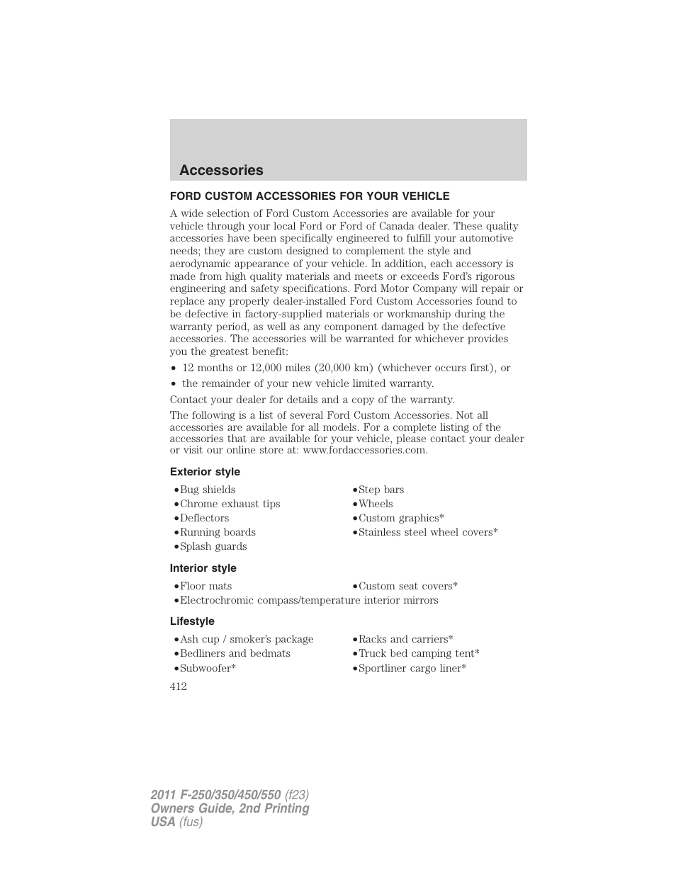 Accessories, Ford custom accessories for your vehicle, Exterior style | Interior style, Lifestyle | FORD 2011 F-550 v.2 User Manual | Page 412 / 448