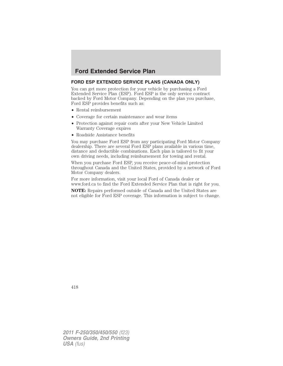 Ford esp extended service plans (canada only), Ford extended service plan | FORD 2011 F-550 v.2 User Manual | Page 418 / 448