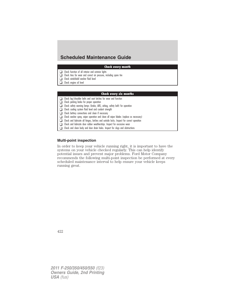 Multi-point inspection, Scheduled maintenance guide | FORD 2011 F-550 v.2 User Manual | Page 422 / 448