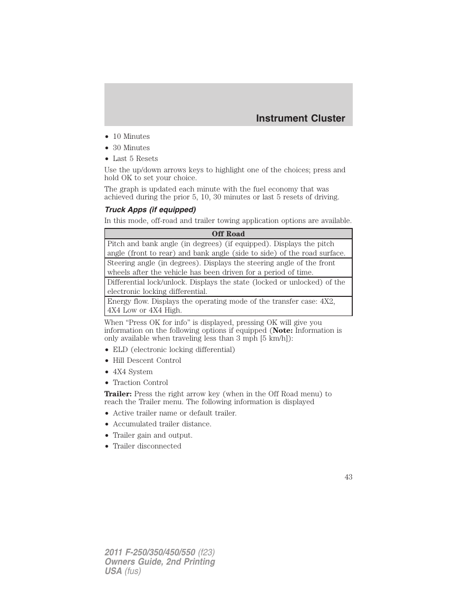 Truck apps (if equipped), Instrument cluster | FORD 2011 F-550 v.2 User Manual | Page 43 / 448