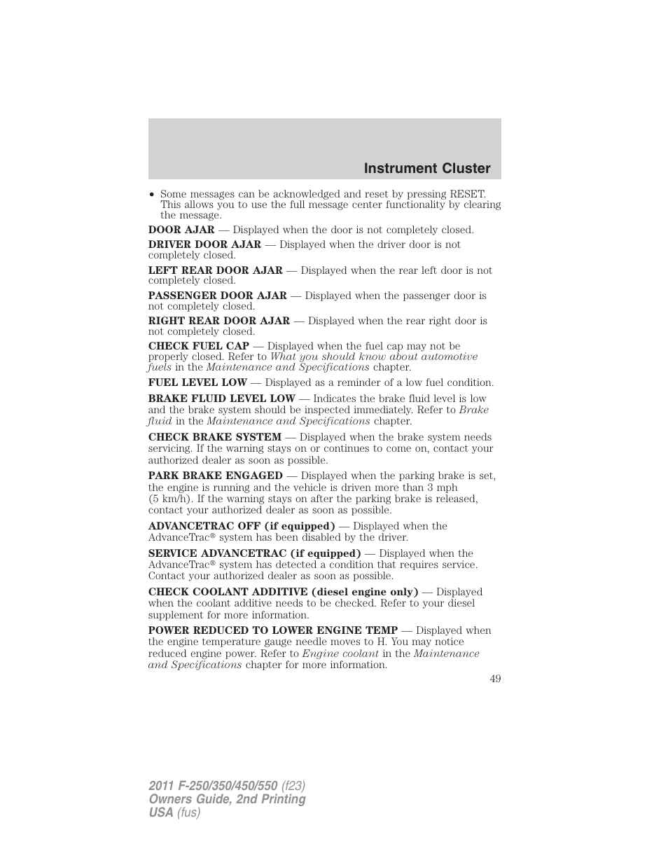 Instrument cluster | FORD 2011 F-550 v.2 User Manual | Page 49 / 448