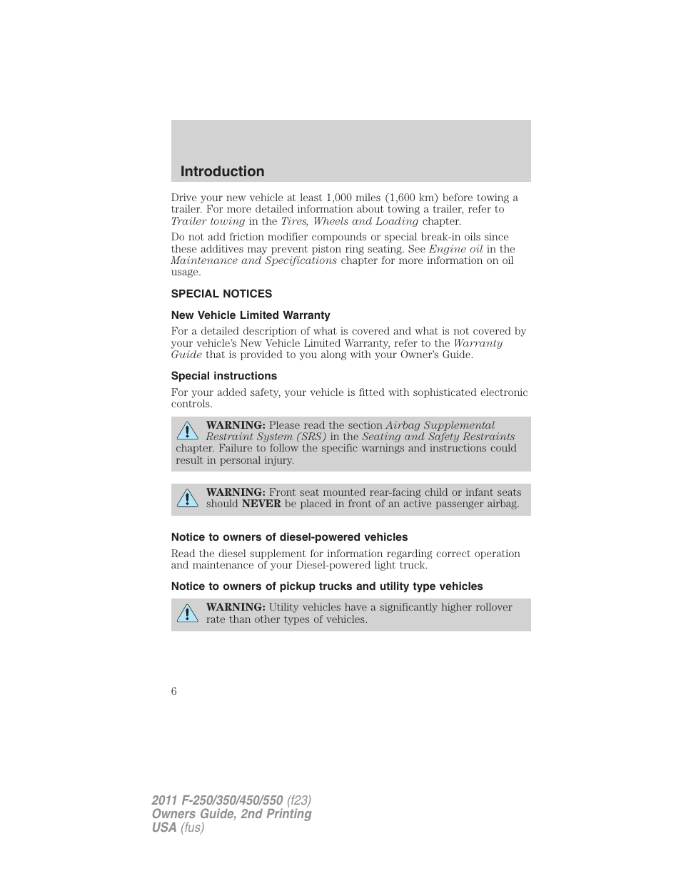 Special notices, New vehicle limited warranty, Special instructions | Notice to owners of diesel-powered vehicles, Introduction | FORD 2011 F-550 v.2 User Manual | Page 6 / 448