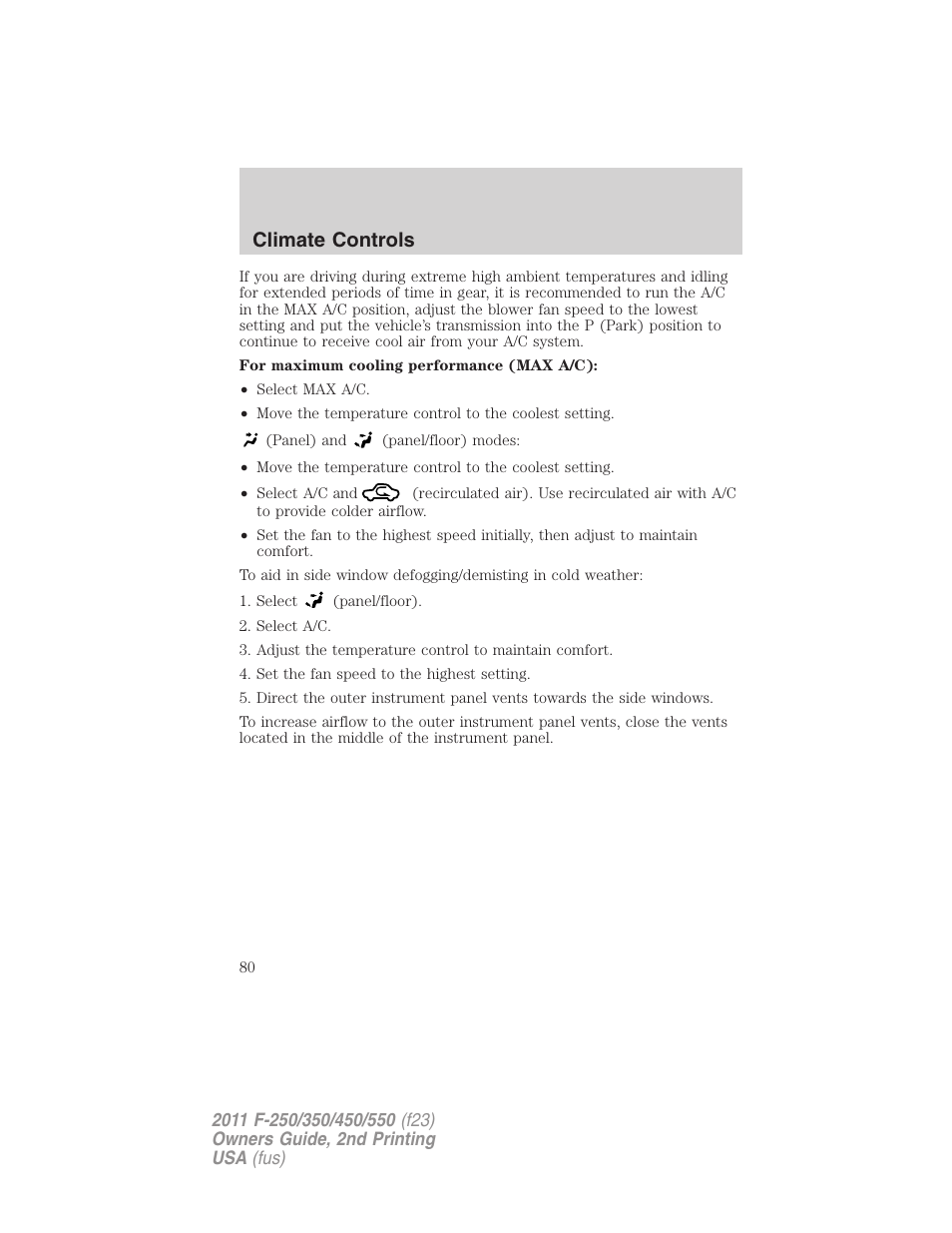 Climate controls | FORD 2011 F-550 v.2 User Manual | Page 80 / 448