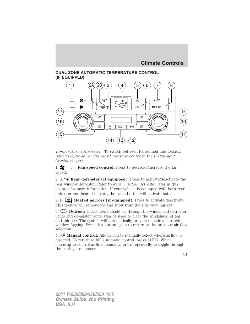 Dual electronic automatic temperature control, Climate controls | FORD 2011 F-550 v.2 User Manual | Page 81 / 448