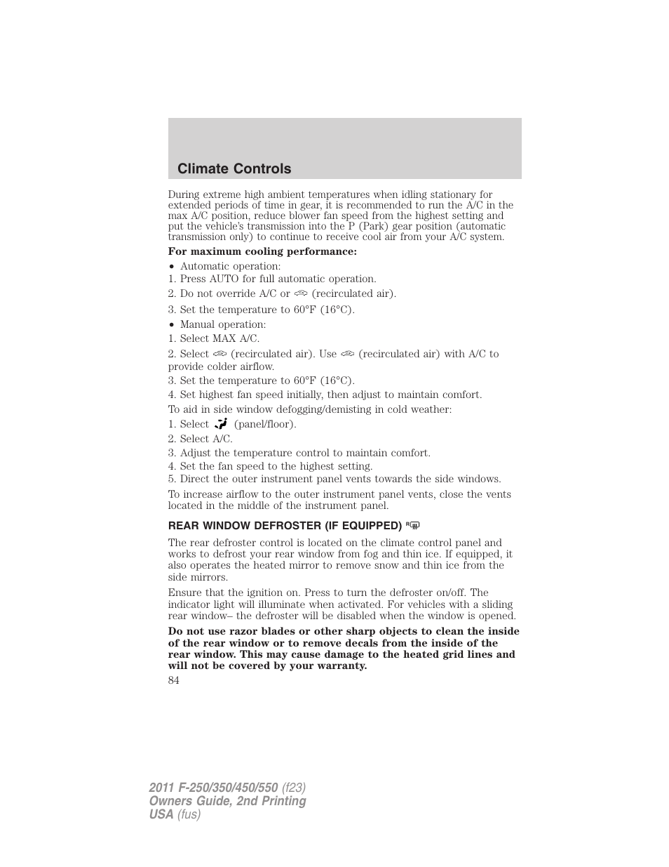 Rear window defroster (if equipped), Rear window defroster, Climate controls | FORD 2011 F-550 v.2 User Manual | Page 84 / 448