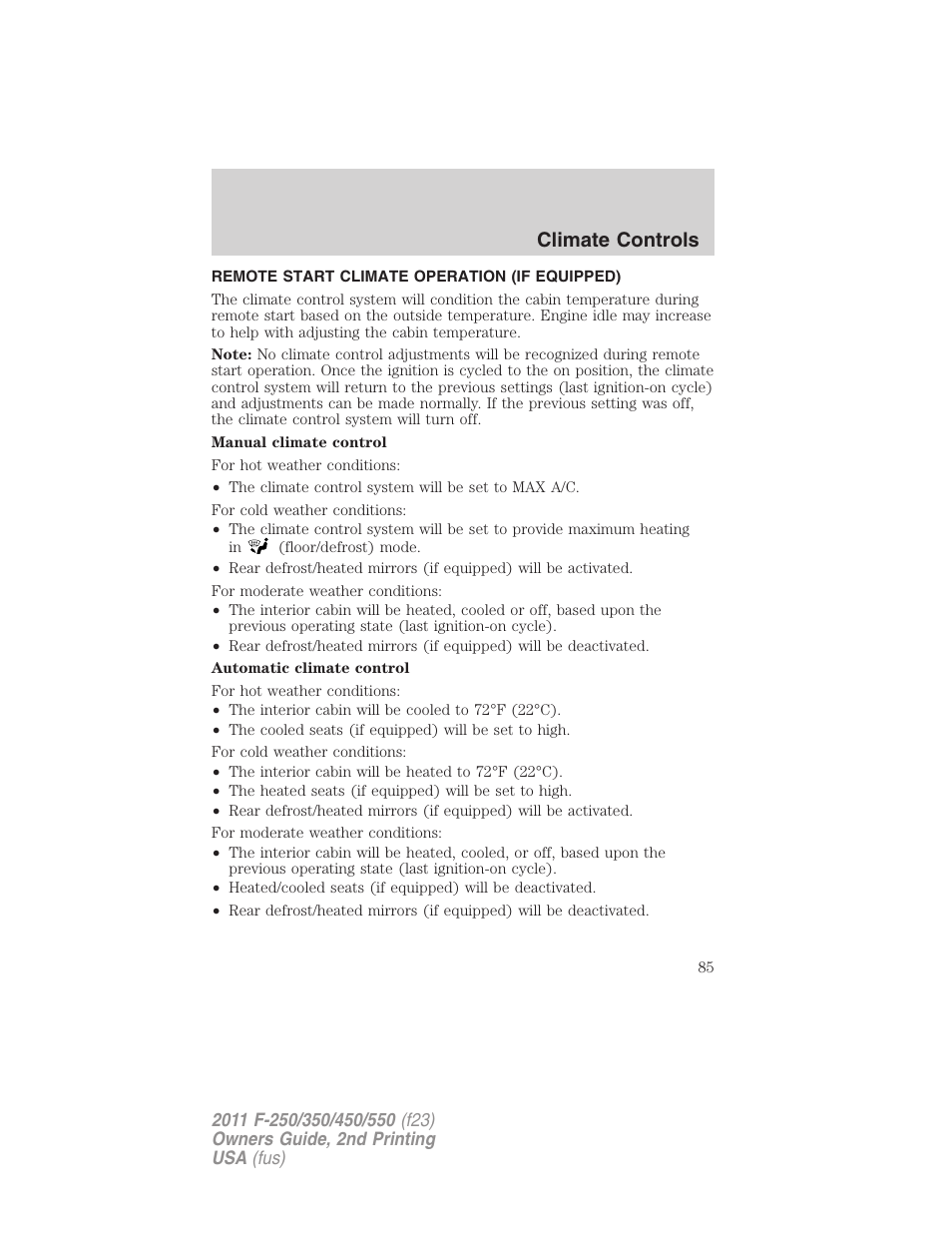 Remote start climate operation (if equipped), Climate controls | FORD 2011 F-550 v.2 User Manual | Page 85 / 448