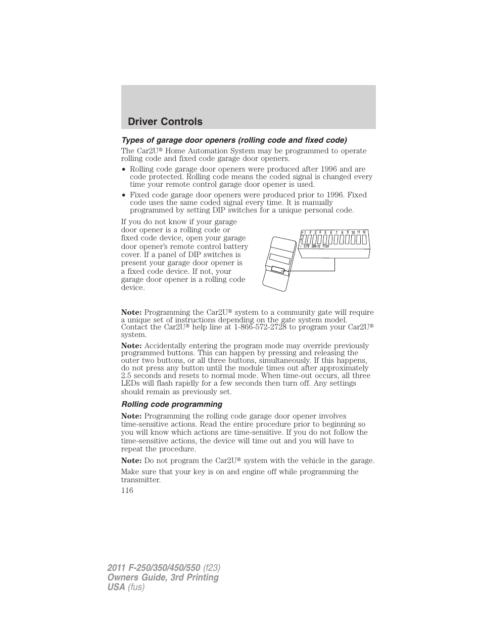 Rolling code programming, Driver controls | FORD 2011 F-550 v.3 User Manual | Page 116 / 442