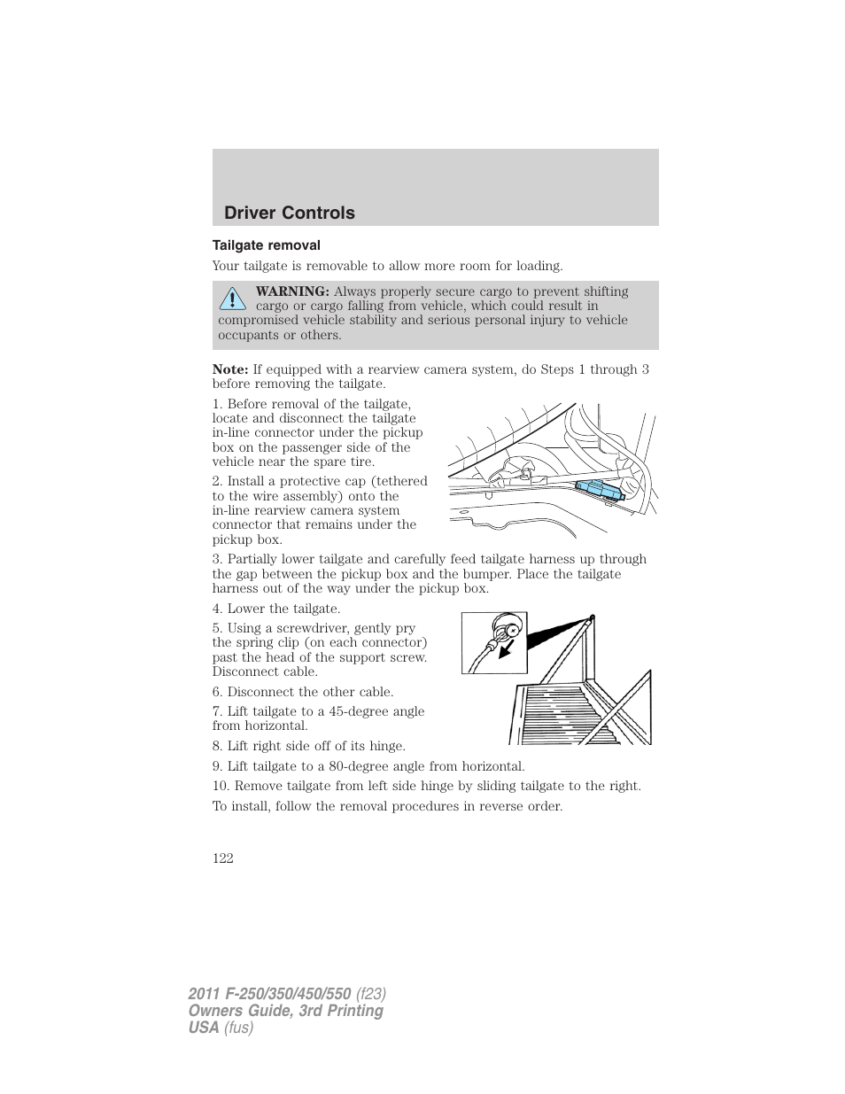Tailgate removal, Driver controls | FORD 2011 F-550 v.3 User Manual | Page 122 / 442