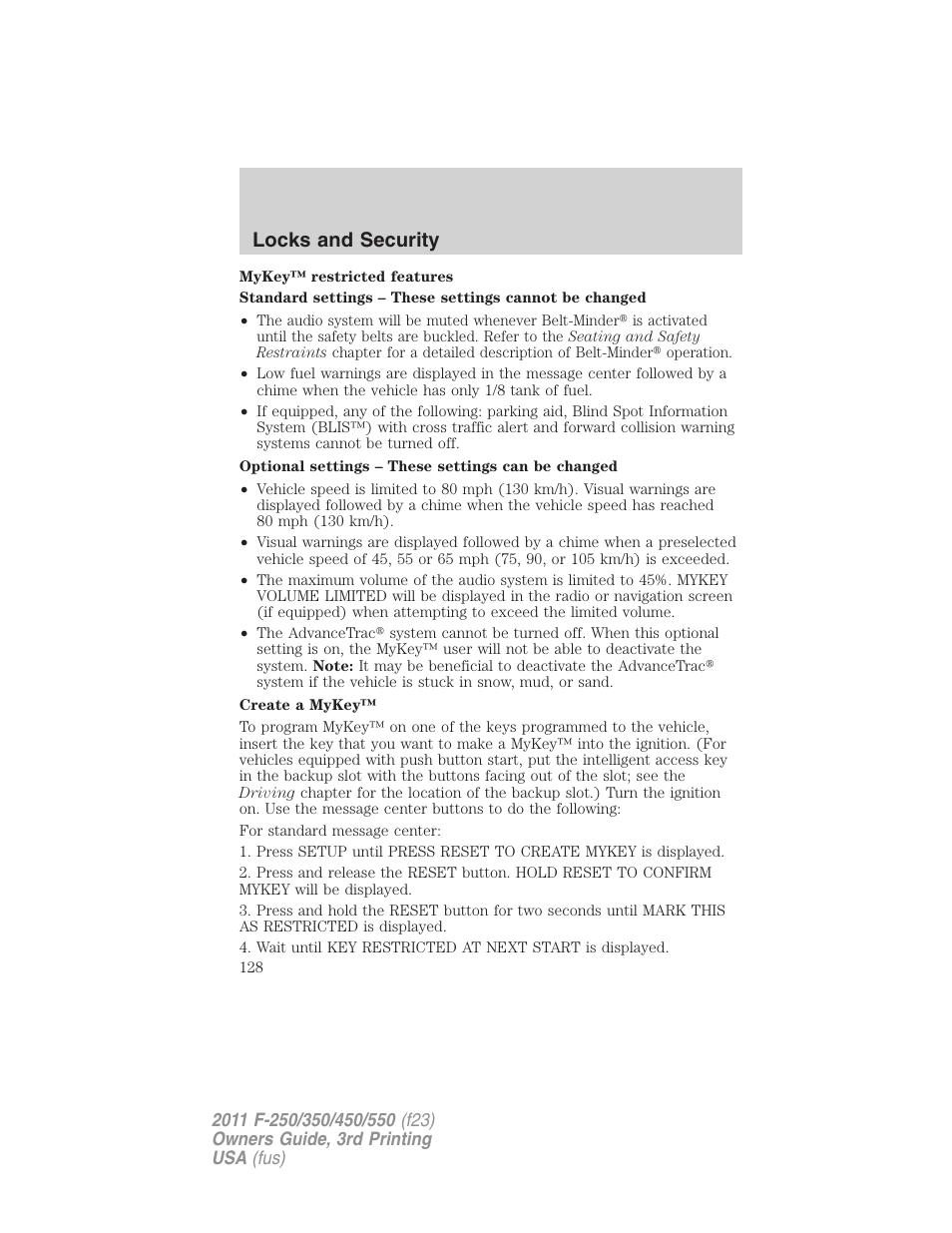 Locks and security | FORD 2011 F-550 v.3 User Manual | Page 128 / 442