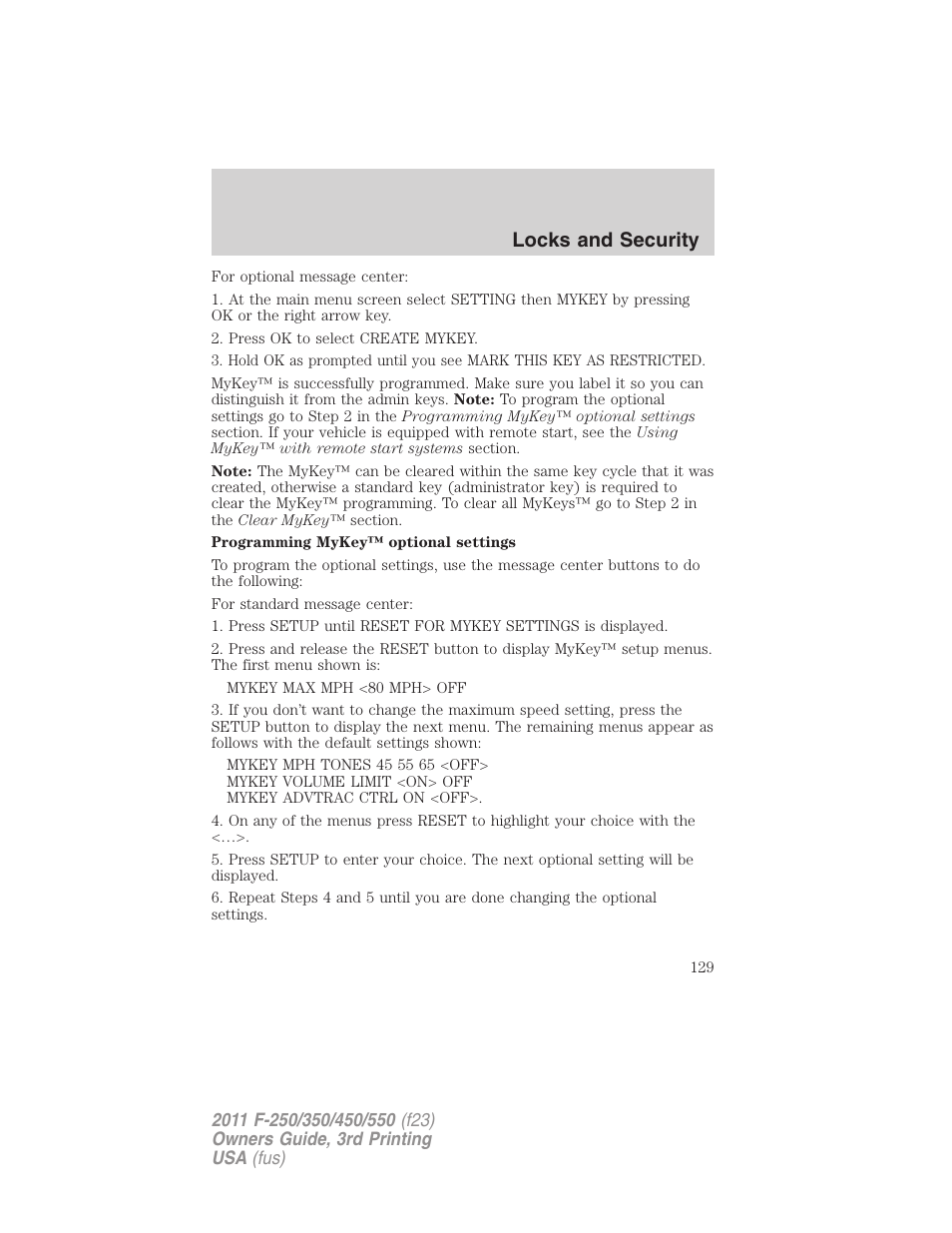 Locks and security | FORD 2011 F-550 v.3 User Manual | Page 129 / 442