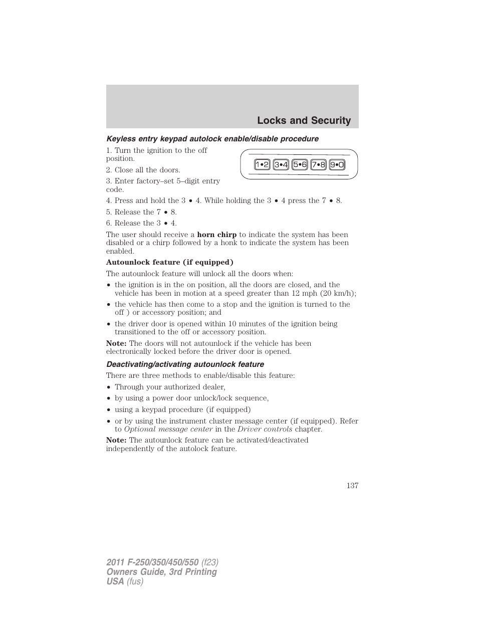 Deactivating/activating autounlock feature, Locks and security | FORD 2011 F-550 v.3 User Manual | Page 137 / 442