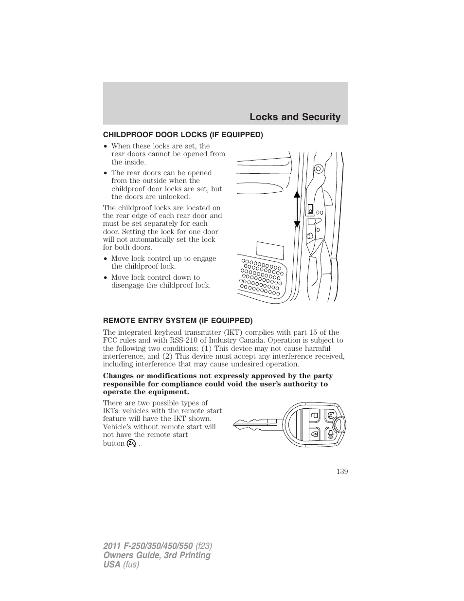 Childproof door locks (if equipped), Remote entry system (if equipped), Locks and security | FORD 2011 F-550 v.3 User Manual | Page 139 / 442